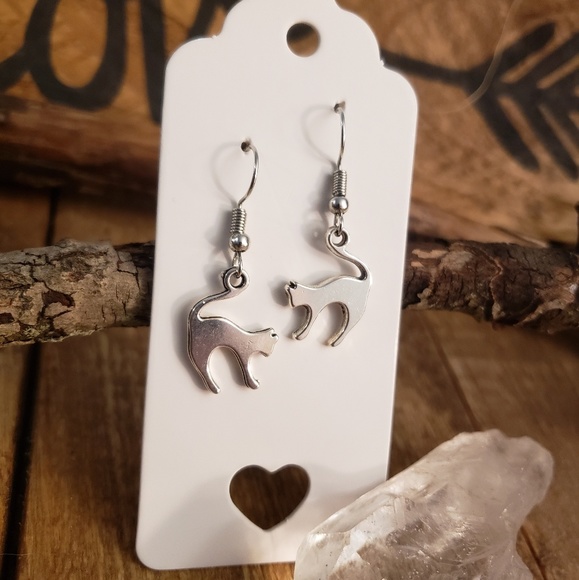 Cat earrings Spooky Kitty Silver Halloween earrings Wiccan Witch Samhain Jewelry - Picture 10 of 11